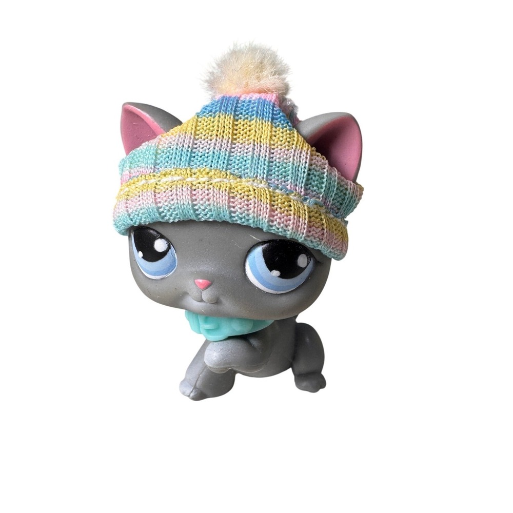 Hasbro Littlest Pet Shop #74 Grey Shorthair Cat 2004 Blue Eyes Beanie Collar LPS